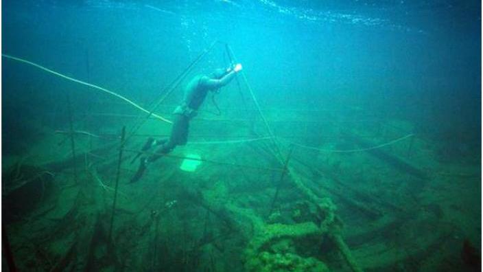 Underwater photograph of the James Matthews during archaeological excavations, 1